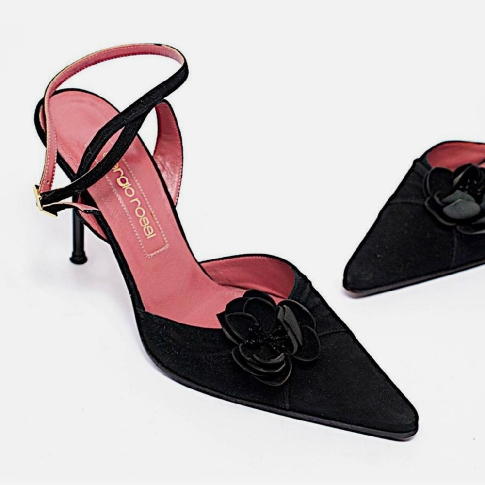 SERGIO ROSSI Black 100% Suede Flowered Ankle Strap 4" Stiletto Heels Sz EU 39 - Picture 16 of 16